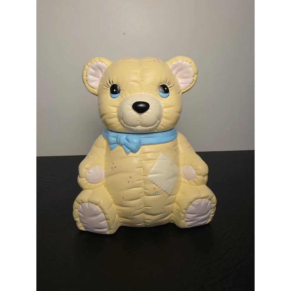 Welcome Taiwan Ceramic Teddy Bear Cookie Jar Stitched Quilted HTF